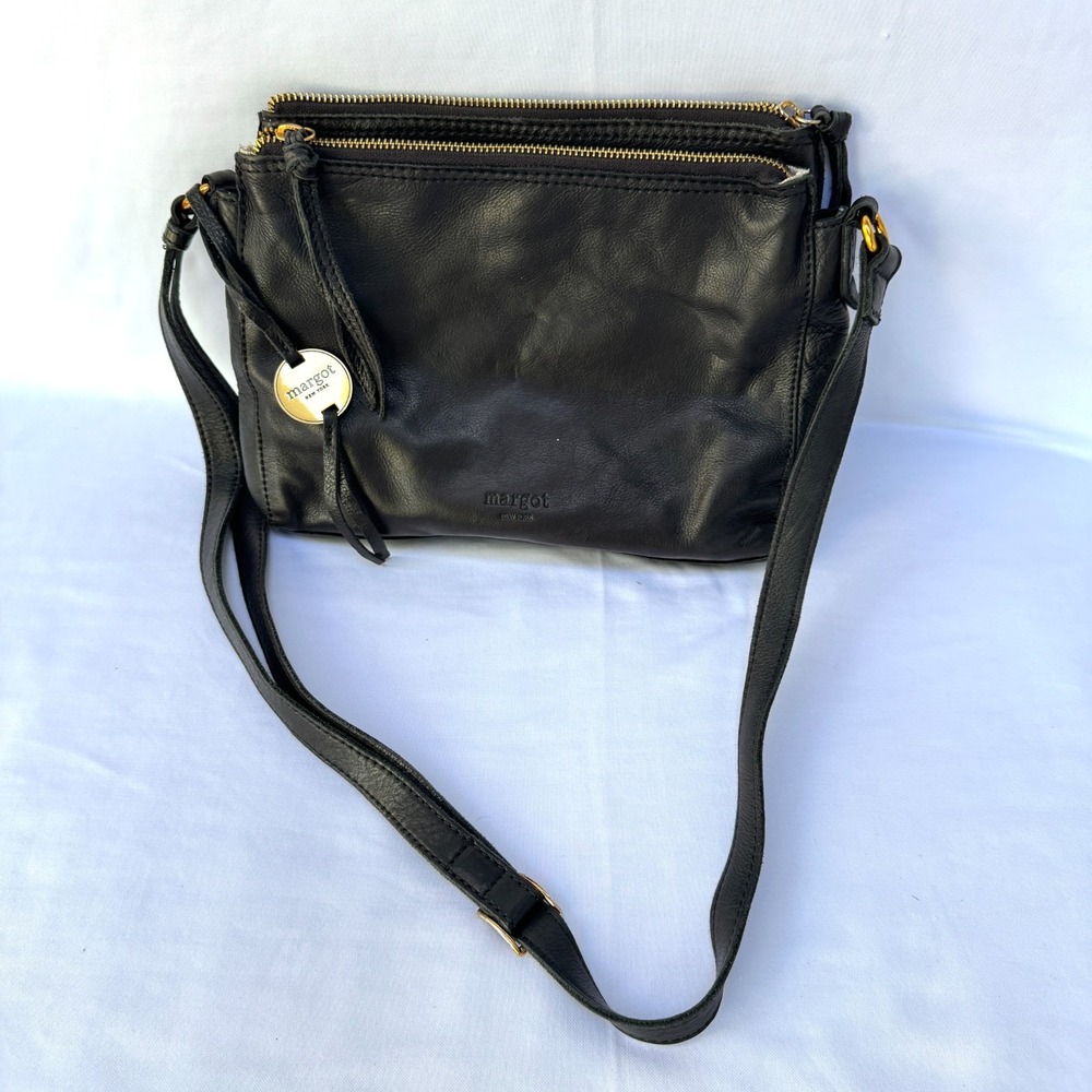 Margot New York Black Soft Leather Women's Double Zip Crossbody Bag Snap Chic